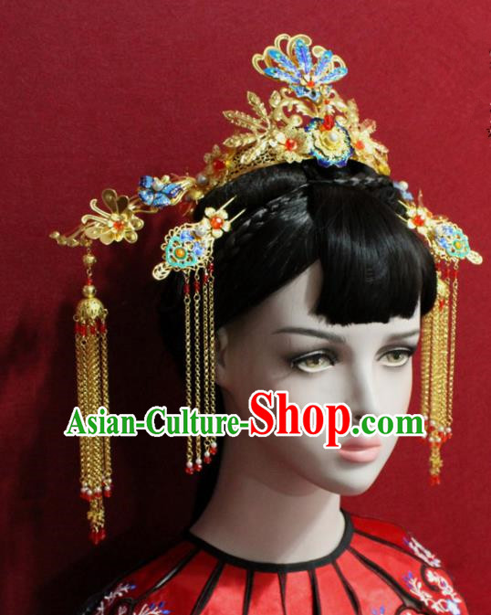 Traditional Chinese Ancient Queen Hanfu Cloisonne Phoenix Coronet Bride Hairpins Handmade Wedding Hair Accessories for Women