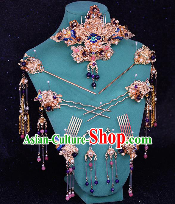 Traditional Chinese Ancient Hanfu Cloisonne Hair Crown Bride Hairpins Handmade Wedding Hair Accessories for Women