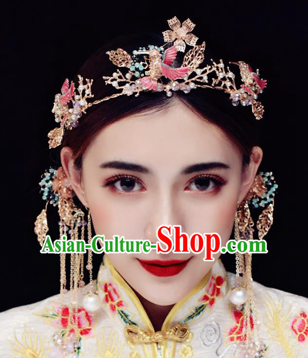 Traditional Chinese Ancient Hanfu Pink Woodpecker Hair Clasp Bride Hairpins Handmade Wedding Hair Accessories for Women