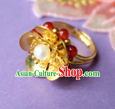 Traditional Chinese Ancient Princess Wedding Golden Flower Ring Handmade Hanfu Jewelry Accessories for Women