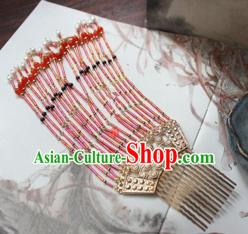 Traditional Chinese Ancient Princess Red Tassel Hair Comb Hairpins Handmade Hanfu Hair Accessories for Women