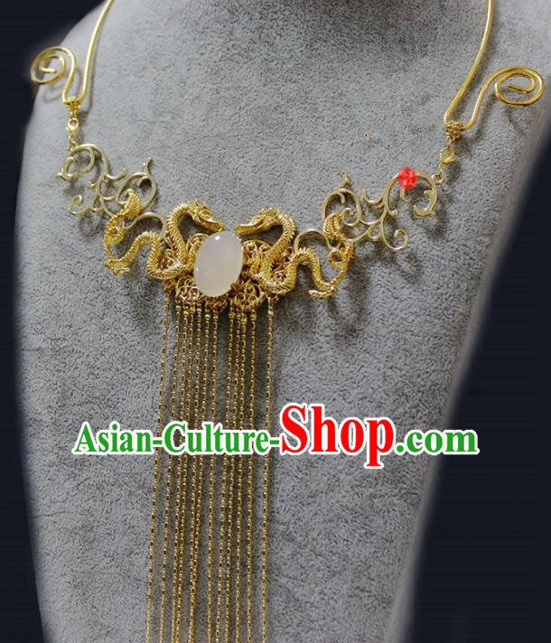Traditional Chinese Ancient Palace Golden Dragon Tassel Necklace Handmade Hanfu Wedding Jewelry Accessories for Women