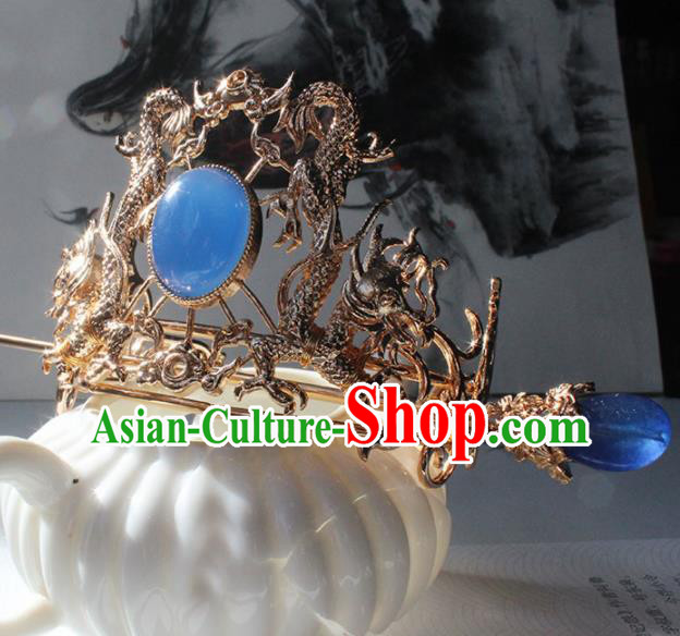 Traditional Chinese Ancient Hanfu Golden Dragon Blue Chalcedony Hair Crown Princess Hairpins Handmade Hair Accessories for Women