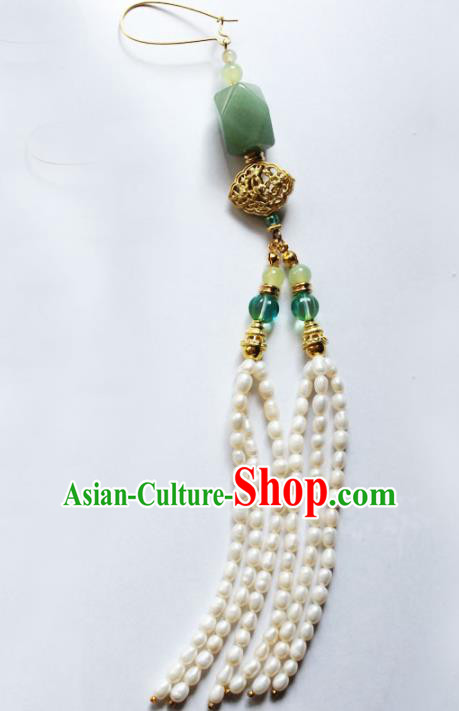 Traditional Chinese Ancient Palace Jade Brooch Handmade Hanfu Breastpin Pearls Tassel Pendant for Women