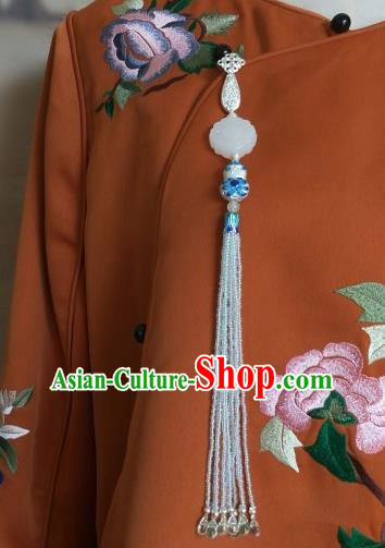 Traditional Chinese Ancient Palace Jade Brooch Handmade Hanfu Tassel Breastpin Pendant for Women