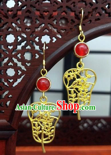 Traditional Chinese Ancient Wedding Hanfu Golden Fan Earrings Handmade Jewelry Accessories for Women