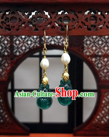 Traditional Chinese Ancient Hanfu Green Calabash Tassel Earrings Handmade Wedding Jewelry Accessories for Women