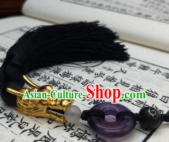 Traditional Chinese Ancient Prince Purple Jade Pendant Handmade Hanfu Waist Accessories for Men