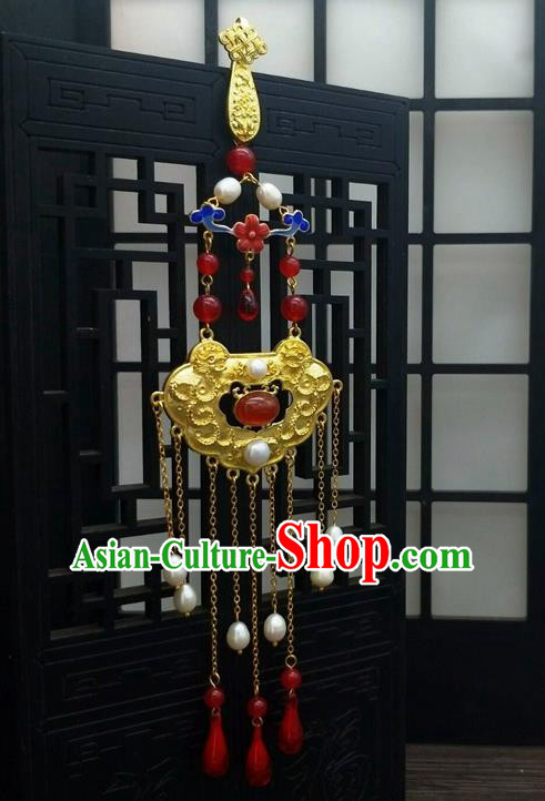 Traditional Chinese Ancient Agate Golden Brooch Handmade Hanfu Palace Breastpin Tassel Pendant for Women
