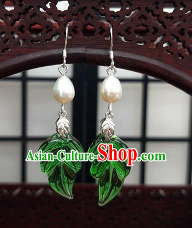 Traditional Chinese Ancient Hanfu Green Leaf Pearl Earrings Handmade Wedding Jewelry Accessories for Women