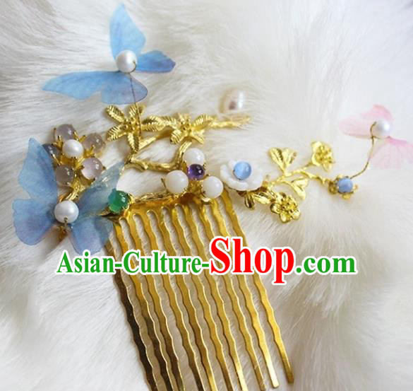 Chinese Ancient Hanfu Blue Butterfly Hair Comb Princess Hairpins Traditional Handmade Hair Accessories for Women