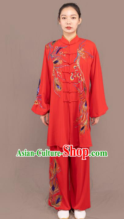 Traditional Chinese Martial Arts Embroidered Phoenix Red Costume Professional Tai Chi Competition Kung Fu Uniform for Women