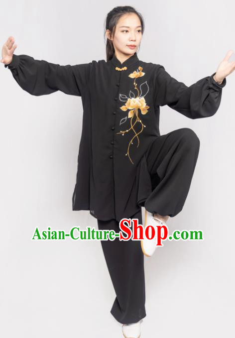 Traditional Chinese Martial Arts Embroidered Lotus Black Costume Professional Tai Chi Competition Kung Fu Uniform for Women