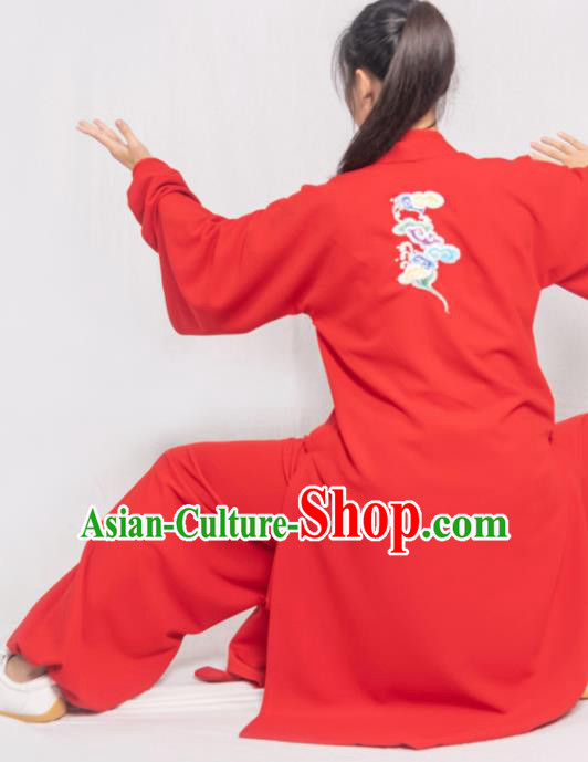Traditional Chinese Martial Arts Embroidered Colorful Cloud Red Costume Professional Tai Chi Competition Kung Fu Uniform for Women