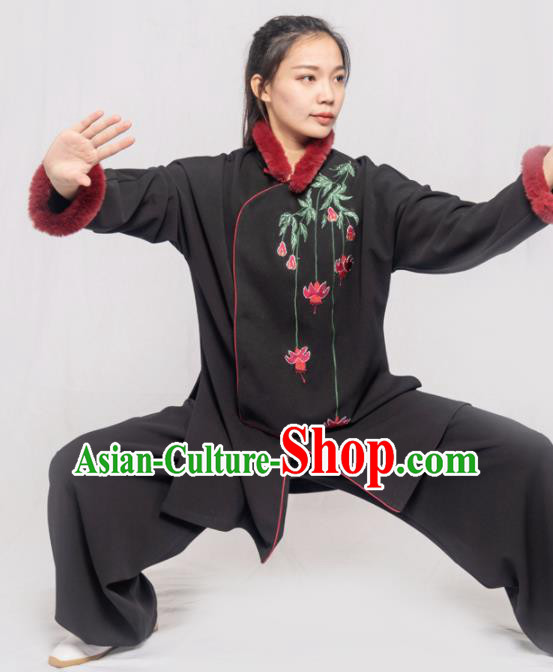 Traditional Chinese Martial Arts Embroidered Winter Black Costume Professional Tai Chi Competition Kung Fu Uniform for Women