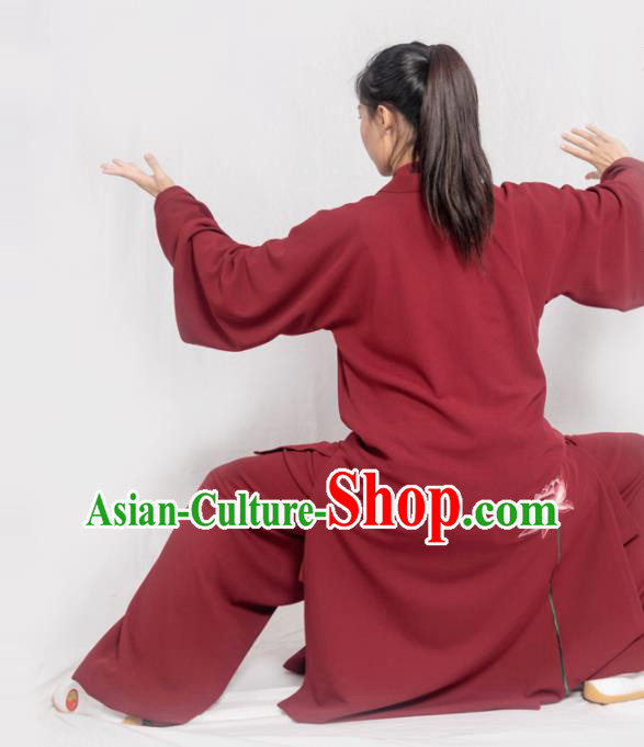 Traditional Chinese Martial Arts Embroidered Lotus Wine Red Costume Professional Tai Chi Competition Kung Fu Uniform for Women