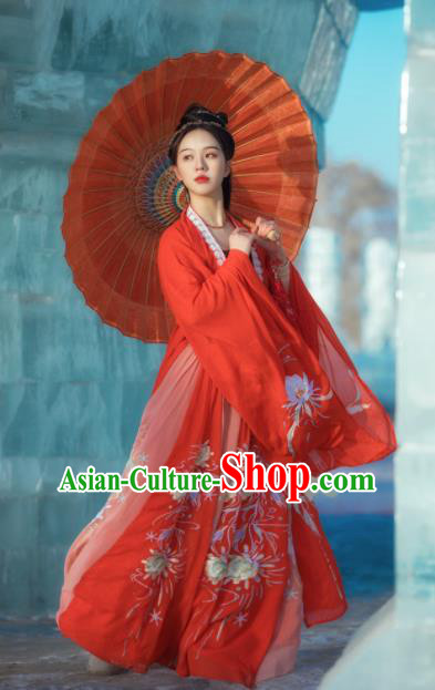 Chinese Traditional Wedding Historical Costume Ancient Song Dynasty Court Princess Embroidered Red Hanfu Dress for Women
