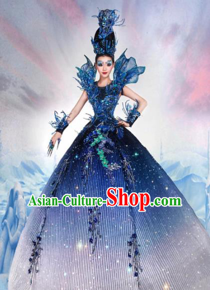 Handmade Halloween Fancy Ball Costume Stage Show Modern Fancywork Cosplay Queen Blue Dress for Women