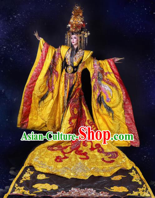 Traditional Chinese Cosplay Queen Golden Costume Stage Show Modern Fancywork Dress for Women