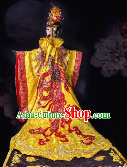 Traditional Chinese Cosplay Queen Golden Costume Stage Show Modern Fancywork Dress for Women