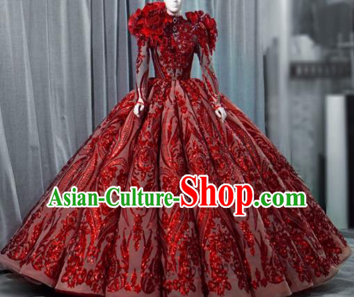Handmade Modern Fancywork Cosplay Queen Red Full Dress Halloween Stage Show Fancy Ball Costume for Women