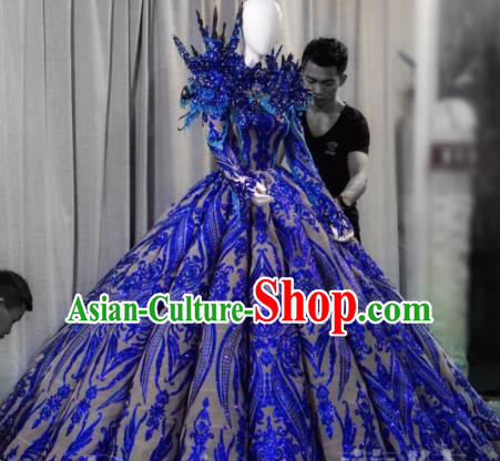 Handmade Modern Fancywork Cosplay Queen Blue Full Dress Halloween Stage Show Fancy Ball Costume for Women