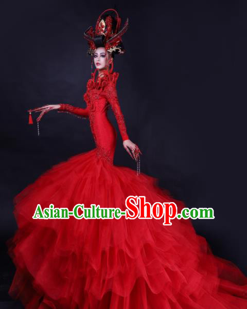 Handmade Modern Fancywork Cosplay Red Veil Trailing Full Dress Halloween Stage Show Fancy Ball Costume for Women