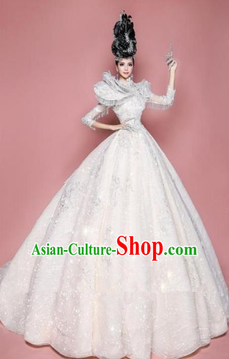 Handmade Modern Fancywork Cosplay Queen White Full Dress Halloween Stage Show Fancy Ball Costume for Women