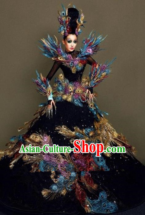 Handmade Modern Fancywork Cosplay Peacock Feather Full Dress Halloween Stage Show Fancy Ball Costume for Women