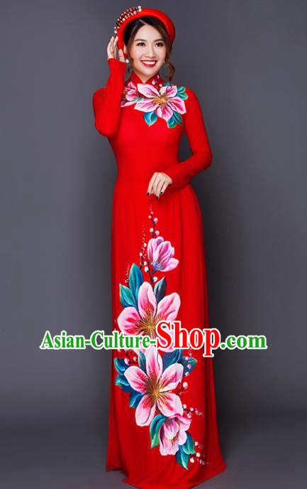 Vietnam Traditional National Costume Court Printing Pink Peach Blossom Ao Dai Dress Asian Vietnamese Cheongsam for Women