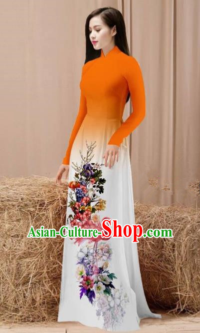 Vietnam Traditional National Costume Printing Flamingo Flowers Orange Ao Dai Dress Asian Vietnamese Cheongsam for Women