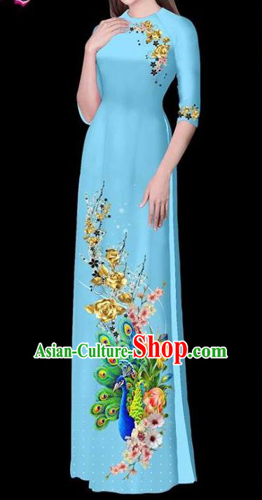 Vietnam Traditional Court Costume Printing Peacock Blue Ao Dai Dress Asian Vietnamese Cheongsam for Women