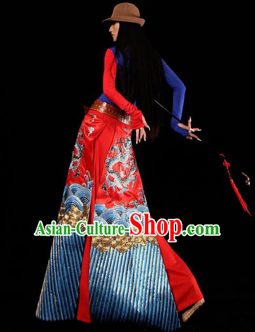Chinese Traditional National Costume Embroidered Dragon Brocade Skirt Tang Suit Dress for Women