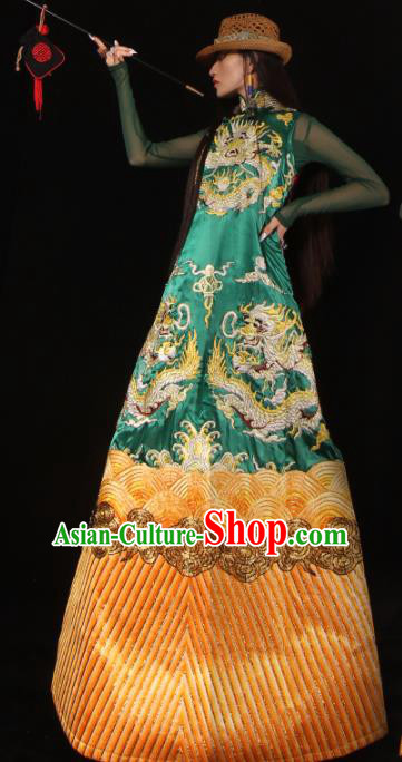 Chinese National Cheongsam Costume Traditional Tang Suit Green Brocade Qipao Dress for Women