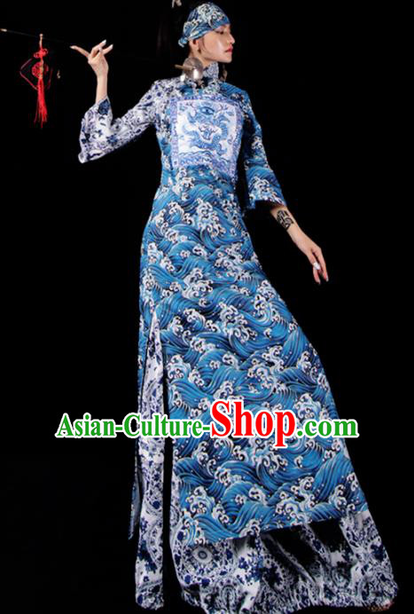 Chinese National Cheongsam Costume Traditional Tang Suit Blue Brocade Qipao Dress for Women
