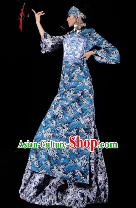 Chinese National Cheongsam Costume Traditional Tang Suit Blue Brocade Qipao Dress for Women