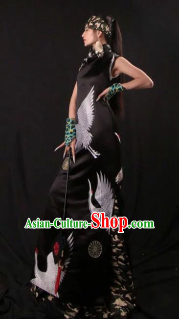 Chinese National Printing Cranes Black Cheongsam Costume Traditional Tang Suit Qipao Dress for Women