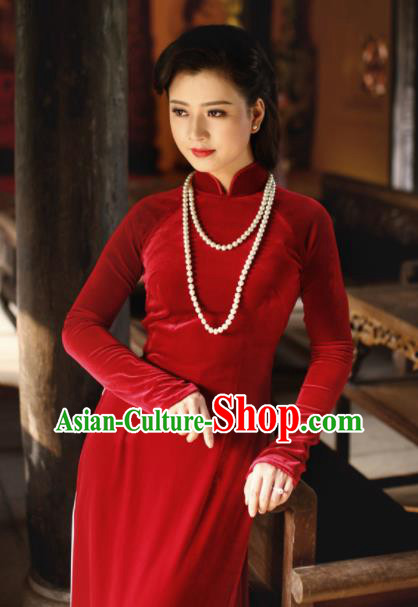 Vietnam Traditional Court Costume Red Velvet Ao Dai Dress Asian Vietnamese Cheongsam for Women