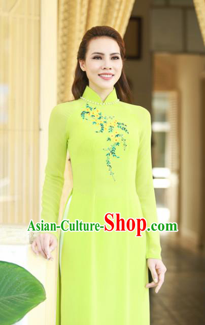 Vietnam Traditional Court Costume Printing Wisteria Green Ao Dai Dress Asian Vietnamese Cheongsam for Women