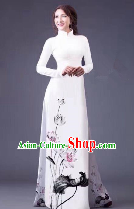 Vietnam Traditional National Costume Ink Painting Lotus White Ao Dai Dress Asian Vietnamese Cheongsam for Women
