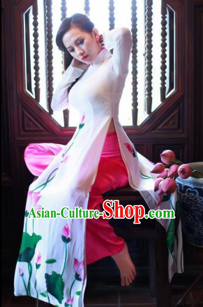 Vietnam Traditional National Costume Printing Lotus White Ao Dai Dress Asian Vietnamese Cheongsam for Women