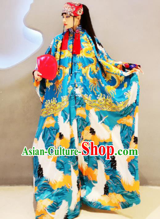 Chinese Traditional National Costume Embroidered Dragon Blue Robe Tang Suit Qipao Dress for Women