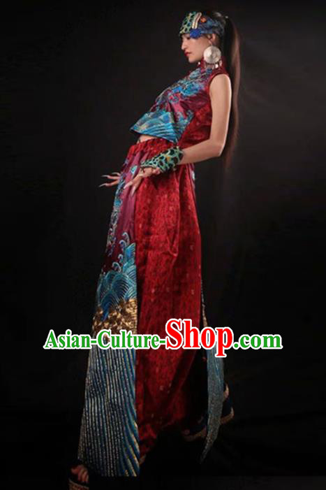 Chinese Traditional National Costume Embroidered Red Cheongsam Tang Suit Qipao Dress for Women