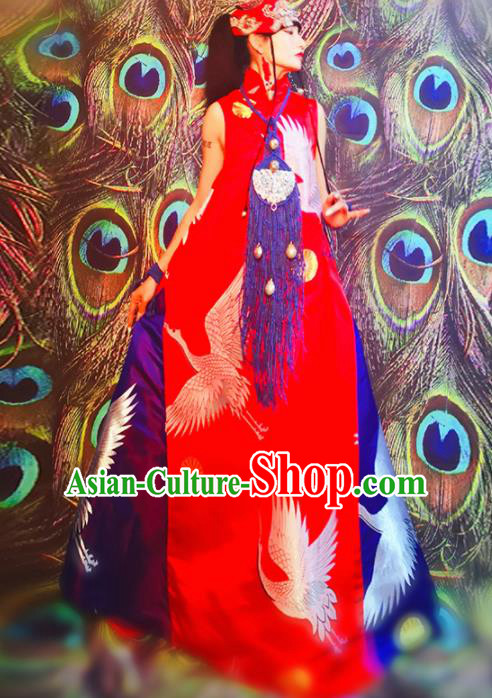 Chinese Traditional Catwalks Costume National Red Cheongsam Tang Suit Qipao Dress for Women
