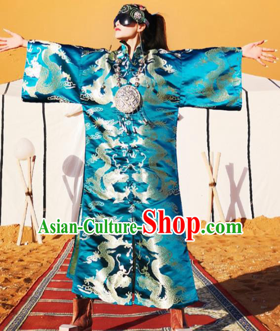 Chinese Traditional Catwalks Costume National Blue Brocade Dragon Robe Cheongsam Tang Suit Qipao Dress for Women