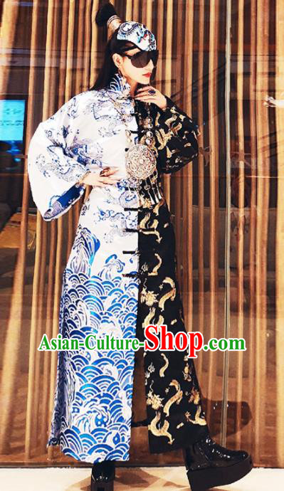 Chinese Traditional Catwalks Costume National Dragon Robe Cheongsam Tang Suit Qipao Dress for Women