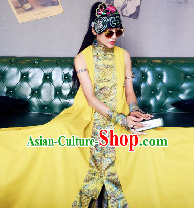 Chinese Traditional Catwalks Costume National Yellow Cheongsam Tang Suit Qipao Dress for Women