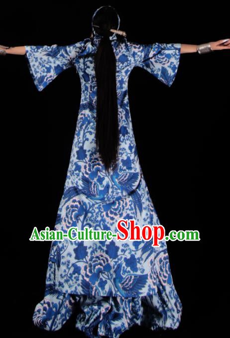 Chinese Traditional Catwalks Costume National Blue Cheongsam Tang Suit Qipao Dress for Women