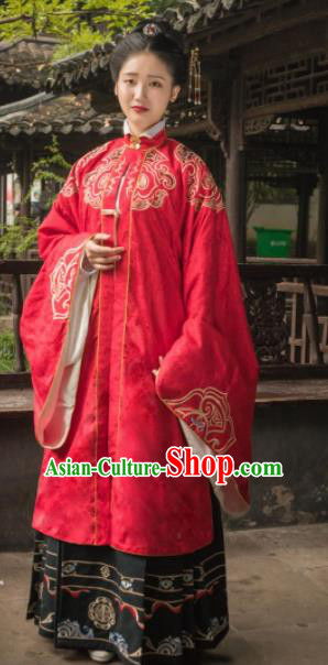 Chinese Traditional Ming Dynasty Wedding Historical Costume Ancient Royal Dowager Embroidered Red Dress for Women