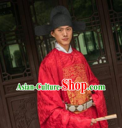 Chinese Traditional Ming Dynasty Minister Historical Costume Ancient Bridegroom Wedding Embroidered Red Robe for Men